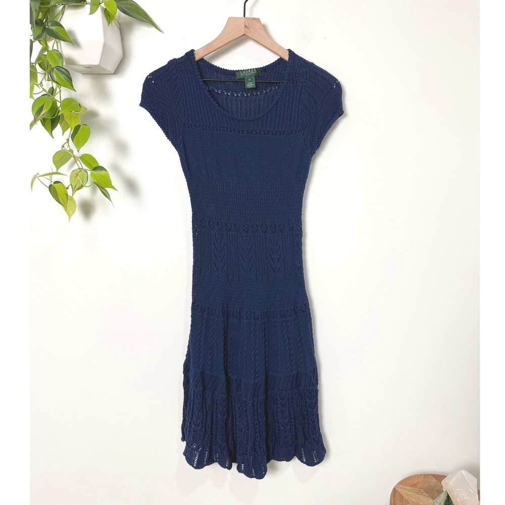 Lauren Ralph Lauren Navy Blue Cotton Crochet Short Sleeve Dress XS Boho Coastal